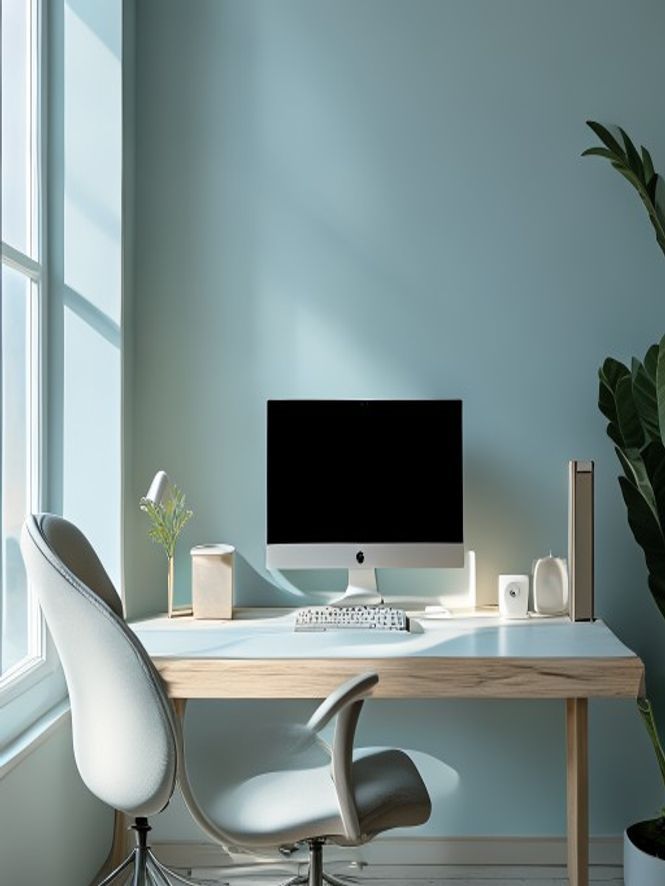 Calm workspace with ergonomic desk setup and natural light
